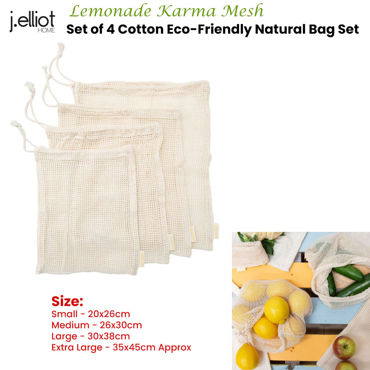 Set of 4 Cotton Eco-Friendly Natural Mesh Storage Bags