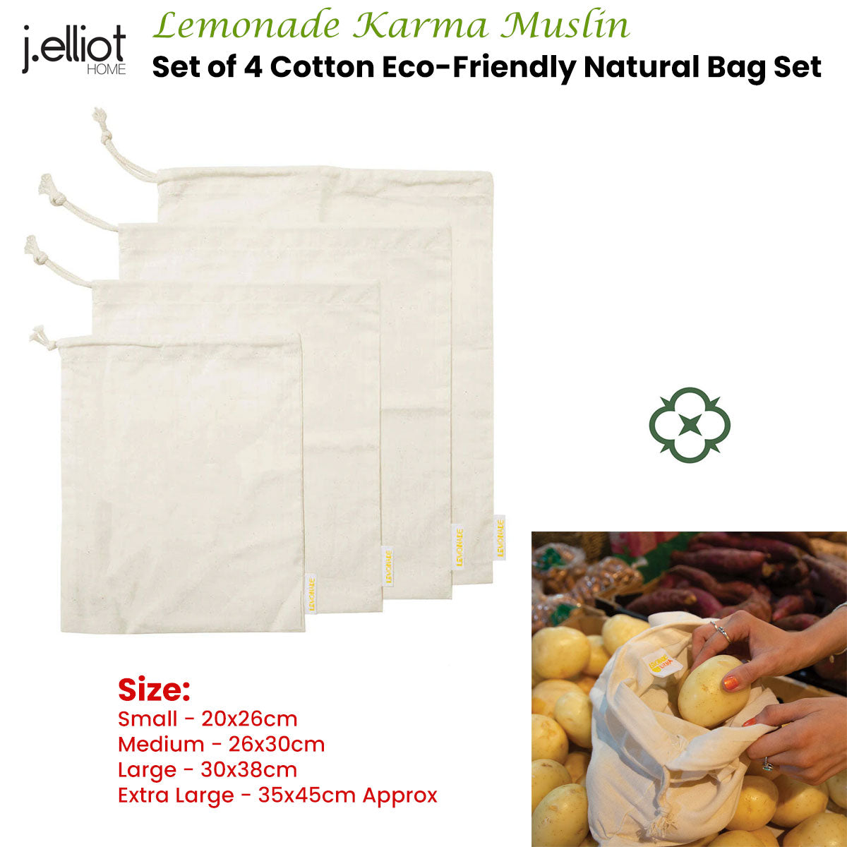 4pk Natural Muslin Storage Bag set