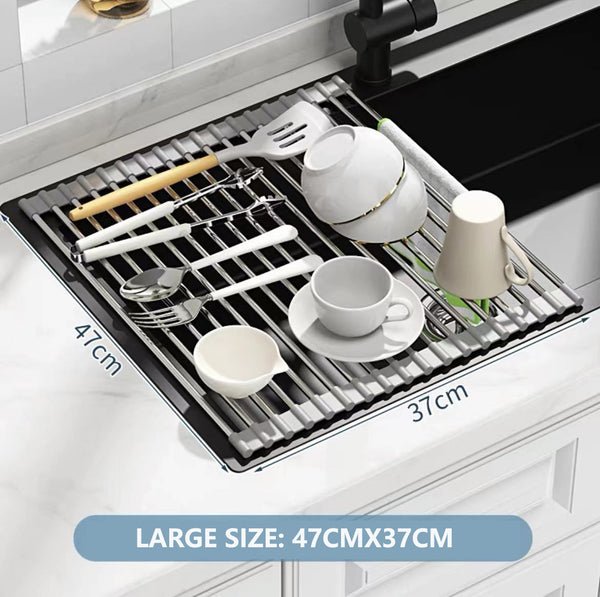 Large Stainless Steel Roll-Up Dish Drying Rack - Large: 47x37cm