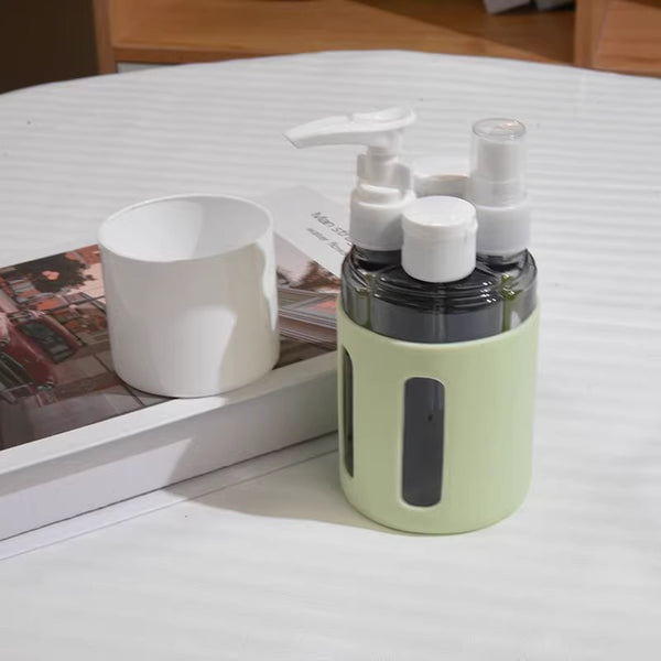 Round Green 2-Piece 4-in-1 Travel Dispenser Set-Leakproof Refillable Bottles for Toiletries