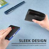 Hands hold sleek money and card holder, compared to bulky wallet alternative in right hand