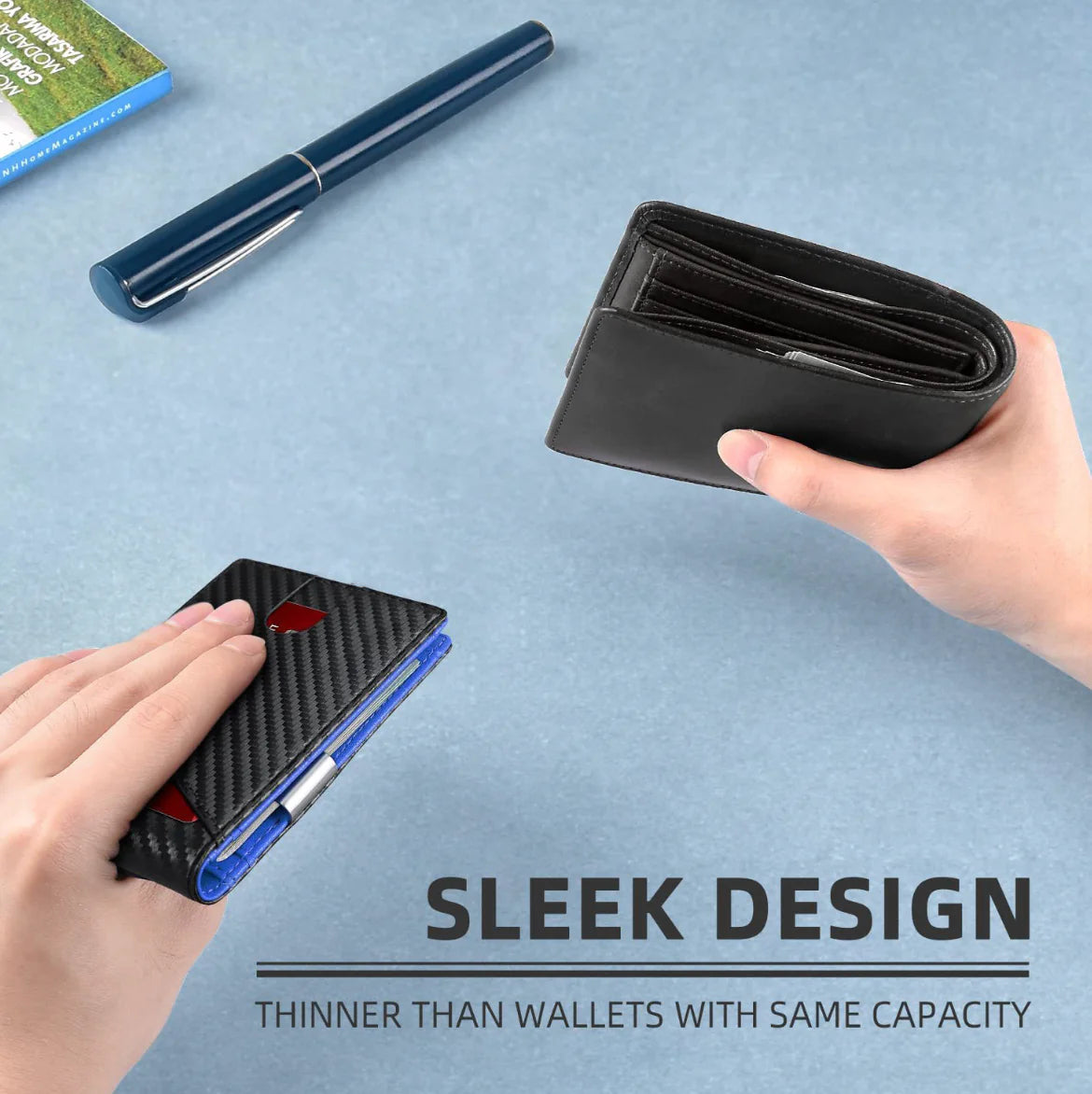 Hands hold sleek money and card holder, compared to bulky wallet alternative in right hand